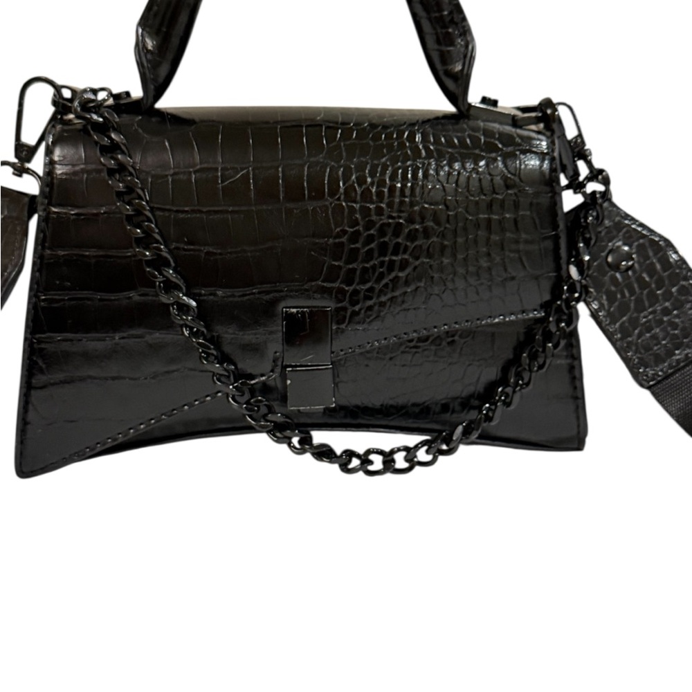 ALDO Black Croc Embossed Structured Top Handle Crossbody Mini Bag Chain Strap